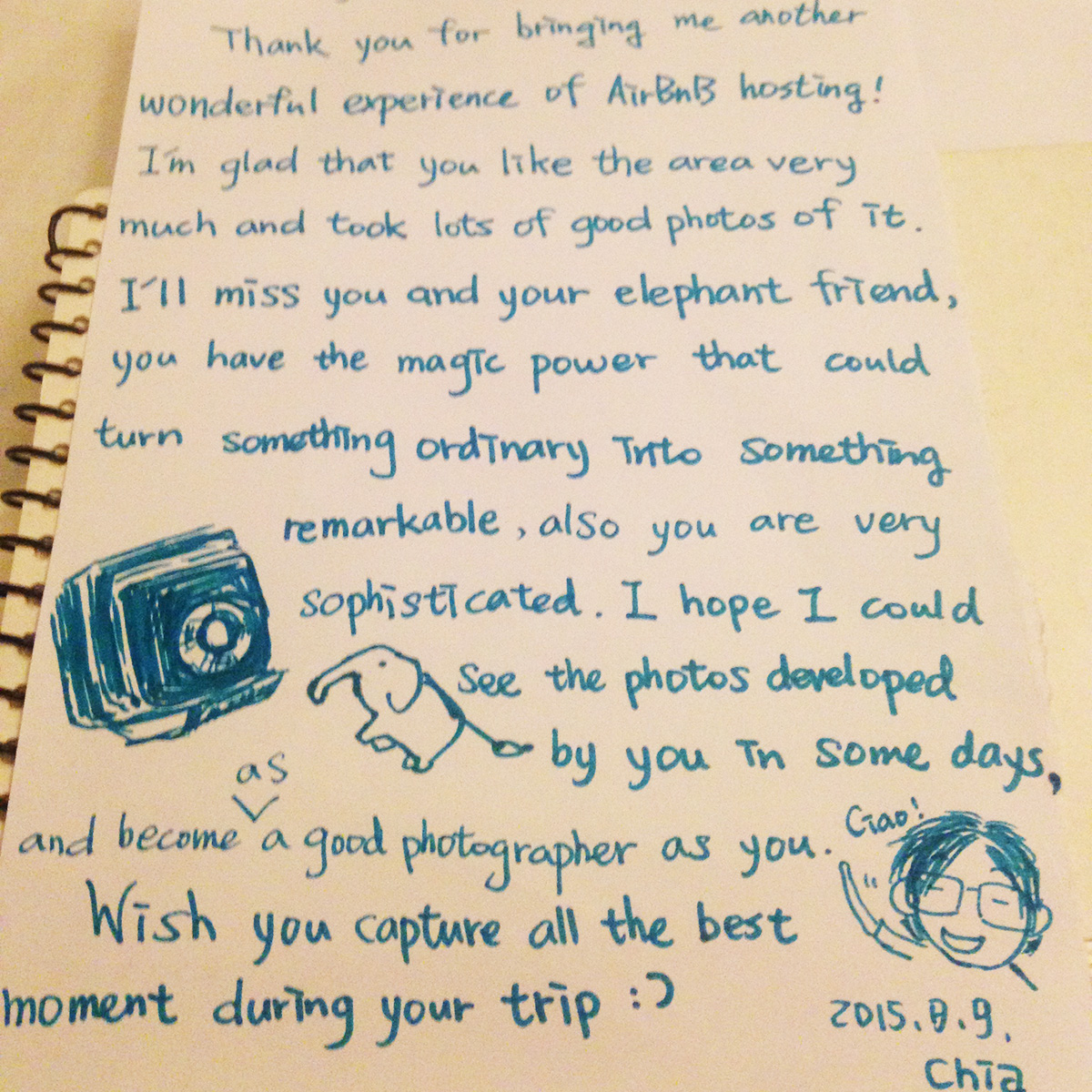 Farewell letter handwritten for a guest
