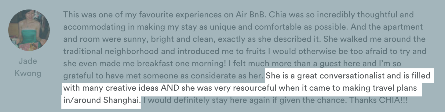 Screenshot of highlighted reviews from Airbnb