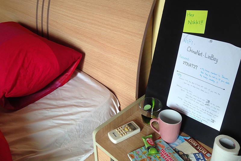 Welcome desk setup with wifi instructions and travel pamphlet